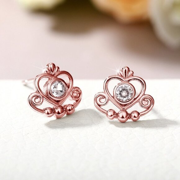💥 Princess Heart CZ 925 Silver Rose Gold Plated Earrings for Women, HA4497 - Picture 2 of 4